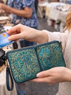 Hand Painted Teal Free Form Designer Crossbody Clutch